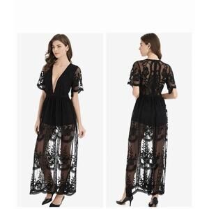 SOCIALITE Black Lace Floral Embroidered Sheer Bell Sleeve Romper XS Whimsy Goth